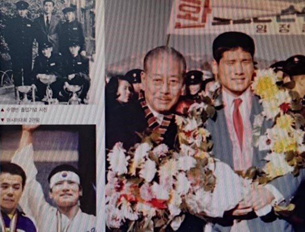 <사진으로 보는 양정 100년>에 실려 있는 조오련의 사진들. 아시안게임 환영식, 수영반 졸업 사진 등이다.