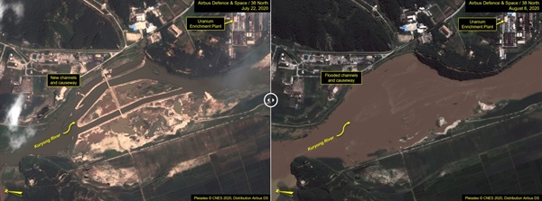 미국 북한전문매체 38노스는 북한 영변 핵시설 주변의 구룡강이 홍수로 범람했다고 12일(현지시간) 분석했다. 38노스에 따르면 7월 22일 촬영된 위성사진과 이번 달 6일 촬영된 위성사진을 비교해보면 구룡강 수위에는 큰 차이가 보인다.  왼쪽 사진은 7월 22일 촬영된 우라늄농축공장(UEP) 일대의 위성사진, 오른쪽은 8월 6일 촬영된 같은 장소의 모습. 