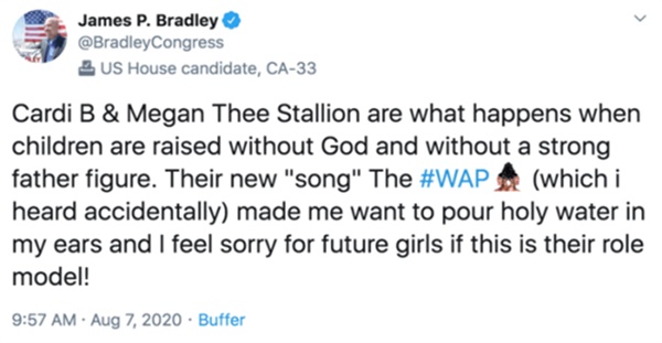  미국 캘리포니아 주 하원의원 선거에 출마하는 제임스 브래들리는 카디 비의 'WAP에 대해 '귀에 성수를 붓고 싶었다'며 혹평을 퍼부었다.