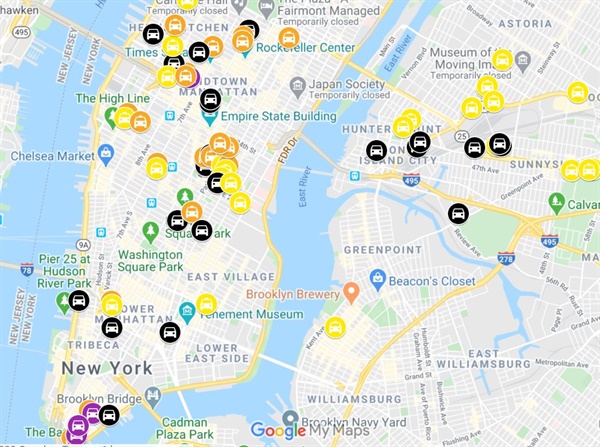 뉴욕시 택시&리무진 위원회(Taxi & Limousine Commission)에서는 휴게소의 위치를 구글맵에 기록하여 공유하고 있다 (https://www.google.com/maps/d/u/0/viewer?mid=1DBI0nZ8NTAwyLggrq4-hxohNmd0Piucd&ll=40.733713214876325%2C-73.9658034871339&z=13)