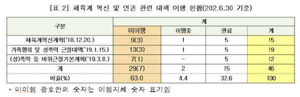  체육계 혁신 및 인권 관련 대책 이행 현황
