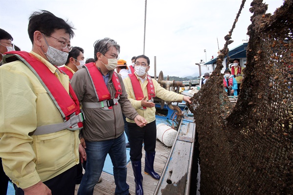 김정호 국회의원과 허성무 창원시장이 8월 28일 심리해역과 진동만 해역의 양식생물 집단폐사 현장을 찾았다.