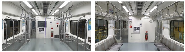 서울시가 9월1일부터 2개월 간 ‘지하철 자전거 평일 휴대승차’ 시범 운영을 실시한다. 왼쪽은 자전거 거치대가 설치된 전동칸. 오른쪽은 휴대승차가 허용되는 일반 전동칸.