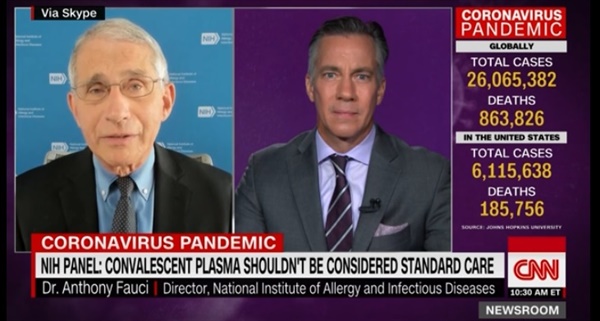 앤서니 파우치 미국 국립 알레르기·전염병연구소 소장의 CNN 인터뷰 갈무리.