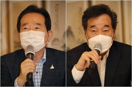 정세균 국무총리(왼쪽)와 더불어민주당 이낙연 대표가 6일 서울 삼청동 총리공관에서 열린 고위 당정협의회에서 발언하고 있다.