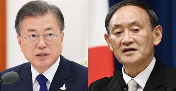 문재인 대한민국 대통령(왼쪽)과 스가 요시히데 일본 총리(오른쪽).