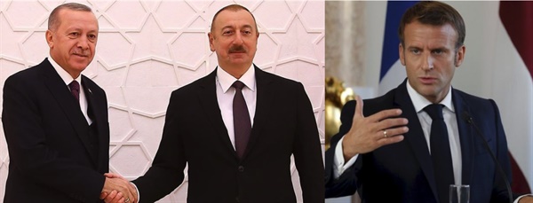 악수하는 터키 대통령 에르도간과 아제르바이잔 대통령 알리예브(좌), 프랑스 대통령 마크롱(우)