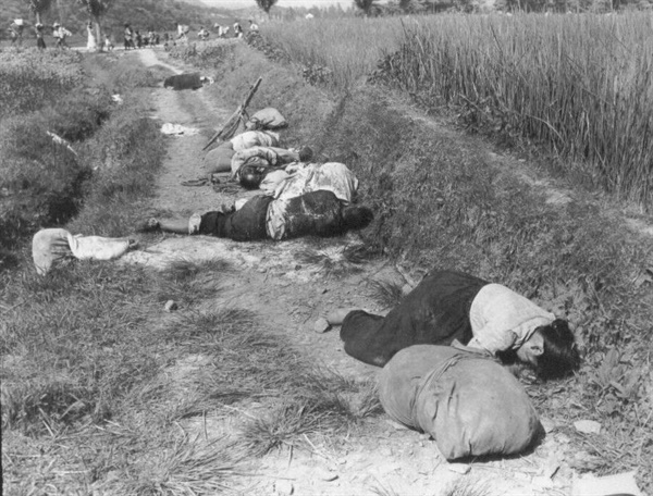 전투기 공습 후 쓰러진 피란민들(1950. 8. 25.).