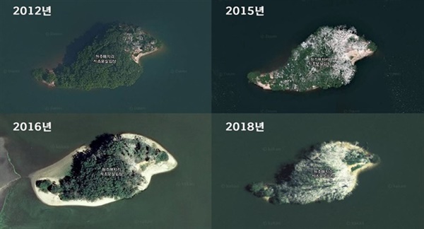 ▲ 민물가마우지 서식으로 인해 흥업저수지 거북섬이 훼손된 모습.