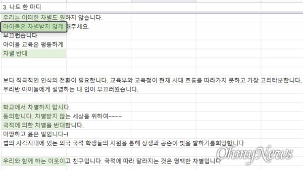 차별 없는 교육을 요구하는 시민모임의 인터넷 서명에 참여한 이들이 적어 놓은 의견문. 