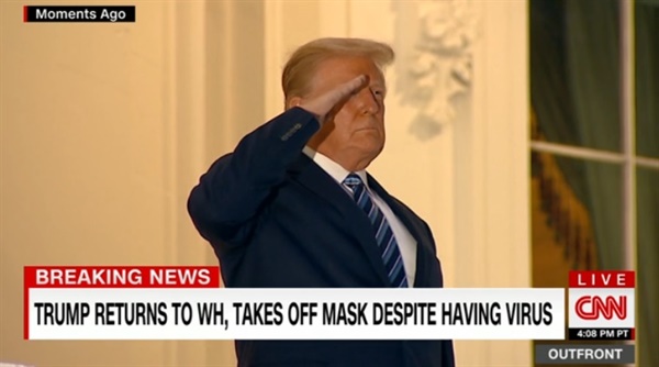 코로나19 입원 치료 후 퇴원한 도널드 트럼프 미국 대통령의 백악관 복귀를 중계하는 CNN 뉴스 갈무리.