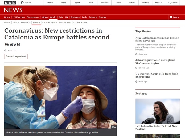 유럽 지역의 코로나19 신규 확진자 급증을 보도하는 BBC 뉴스 갈무리.