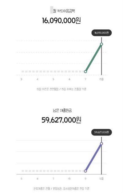 김영주씨의 카드이용금액이 7월에서 8월사이에 급증해 약 1600만원에 달한다. 대출원금은 10월 20일 기준 6000여만원.