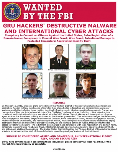 미국 연방수사국(FBI)의 러시아 해커 6명 수배 포스터
