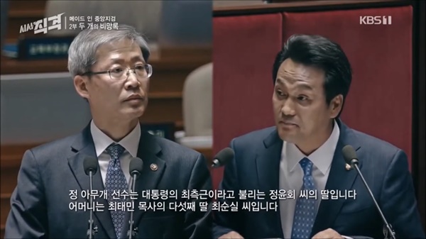지난 16일 KBS<시사직격> 방송 중, 질의 중인 안민석 더불어민주당 의원(오른쪽)