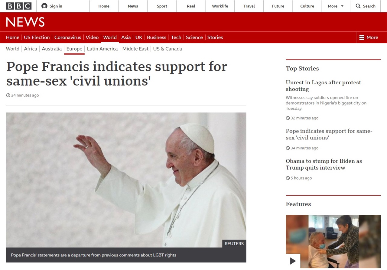 프란치스코 교황의 동성 커플 시민 결합 지지 선언을 보도하는 BBC 뉴스 갈무리.