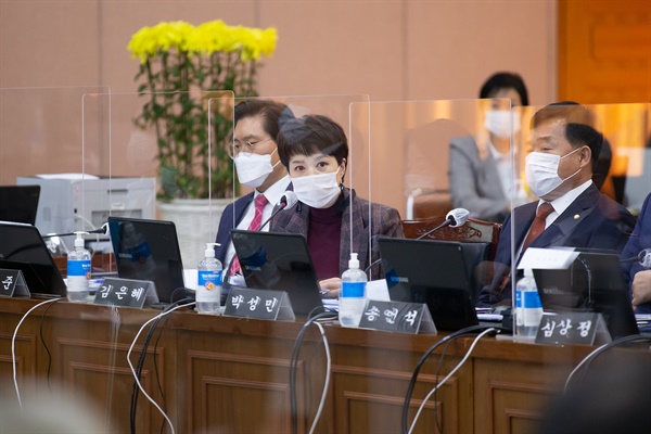 김은혜 국민의힘 의원이 20일 오후 경기도청 신관 4층 제1회의실에서 열린 2020년 국토교통위원회 국정감사에서 질의를 하고 있다. 