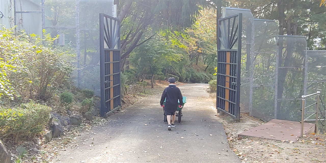 장작을 실은 수레를 끌고 가는 선우