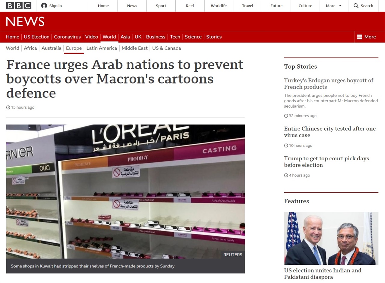 이슬람 국가들의 프랑스 제품 불매 운동을 보도하는 BBC 뉴스 갈무리.