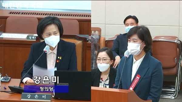 지난 15일 노동부 국정감사에서 정의당 강은미 의원이 한국조에티스 이윤경 대표에게 질의하고 있다.