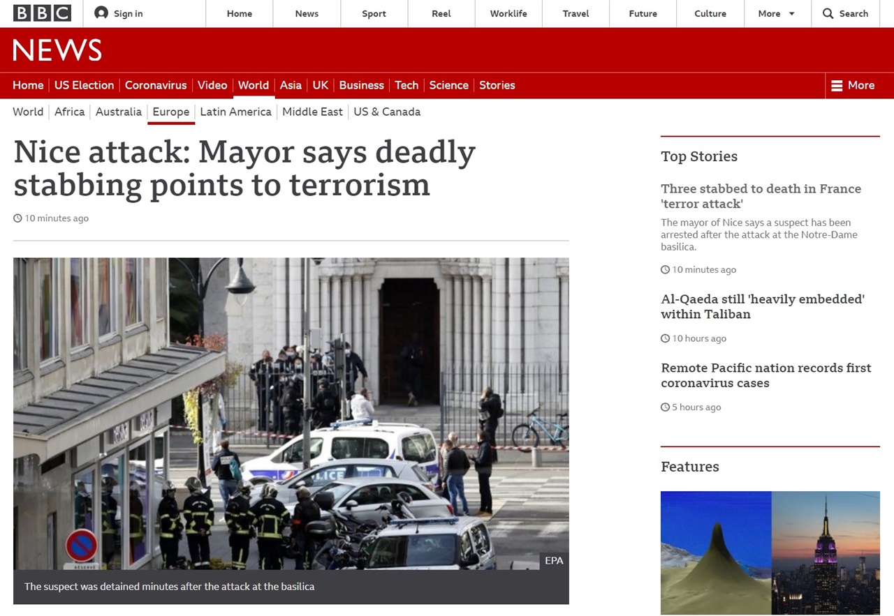 프랑스 니스에서 발생한 흉기 테러 사건을 보도하는 BBC 뉴스 갈무리.