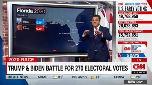 2020 미국 대선의 주요 경합주인 플로리다 판세를 분석하는 CNN 뉴스 갈무리.