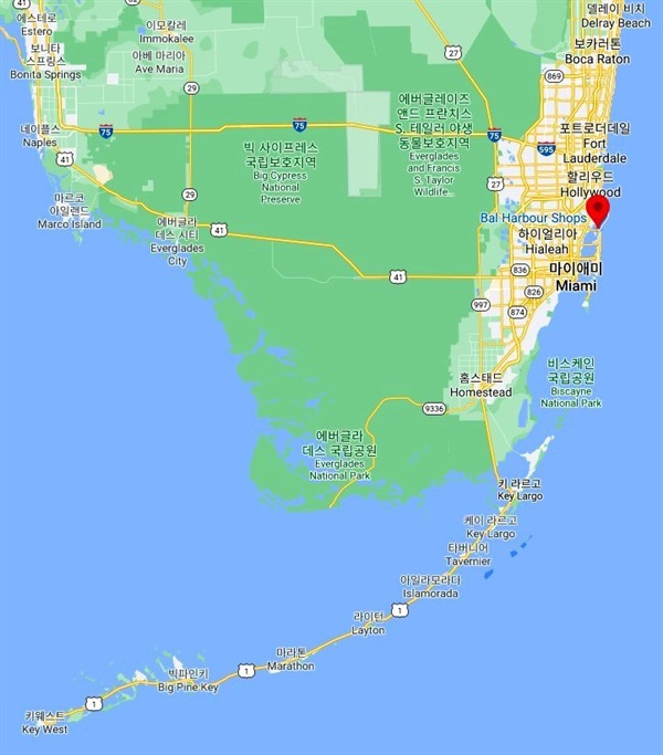 ▲ 메트로 마이애미 해변 도시 발 하버(Bal Houbour, 빨간 표시) 지역과 키 제도(Key West). ⓒ 구글 지도 