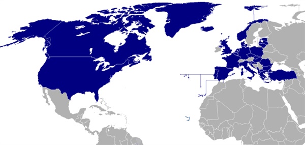 나토 회원국이 표시된 지도. 