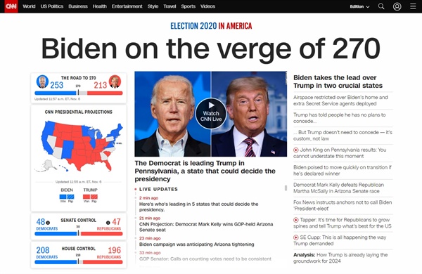 조 바이든 민주당 후보의 2020 미국 대선 승리를 전망하는 CNN 뉴스 갈무리.