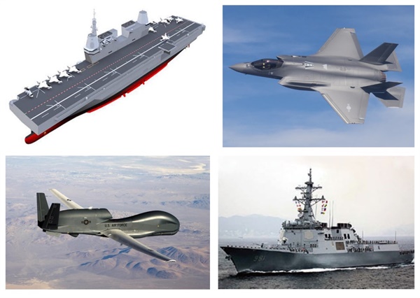맨위부터 시계방향으로 경항공모함(해군),  F-35A(공군), 이지스구축함(해군),  글로벌호크(미해군)
