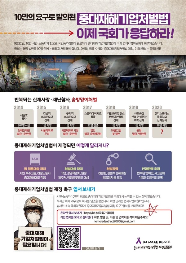 10만 국민입법동의청원에 국회는 답해야 한다는 중대재해기업처벌법 제정운동본부의 홍보물