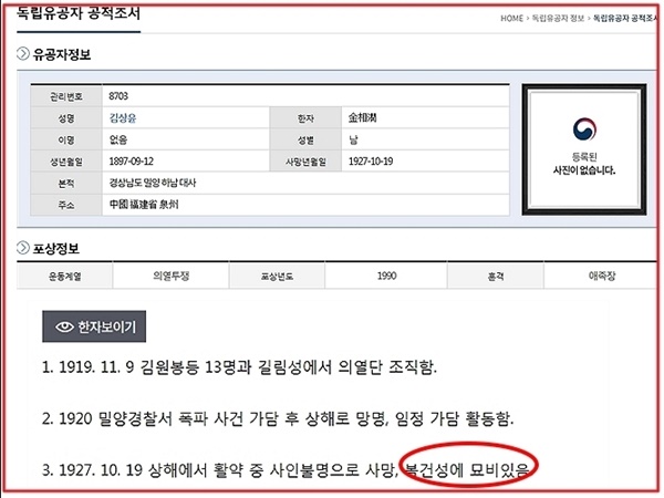 2020년 11월 11일 현재, 국가보훈처 공훈전자사료관 독립유공자 공적조서, 김상윤 의사 관련 기록에는 김상윤 의사 묘비가 중국 복건성에 있다고 쓰여있다. 하지만 이러한 자료를 토대로 유족들이 여러차례 복건성 일대를 다 뒤졌으나 묘비는 커녕 아무런 흔적도 없어 해당 지역의 흙 한 줌만 가지고 돌아온 상태라고 한다.