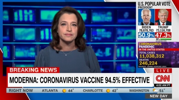 미국 제약사 모더나의 코로나19 백신 예방효과 중간 결과 발표를 보도하는 CNN 갈무리.