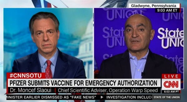 미국의 코로나19 백신 초고속 개발 프로그램 최고 책임자 몬세프 슬라위의 CNN 인터뷰 갈무리.