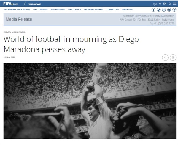  디에고 마라도나의 사망에 애도를 표한 국제축구연맹