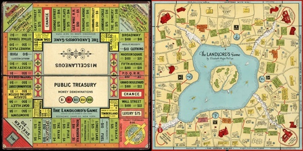 부루마블, 모노폴리 게임은 1904년 엘리자베스 매기 여사가 만든 '지주게임'을 본떠 만든 것들이다. 사진은 지주게임 원본 모습. 실제 마을을 지도로 삼아 만들어진 게임 버전도 있었다.