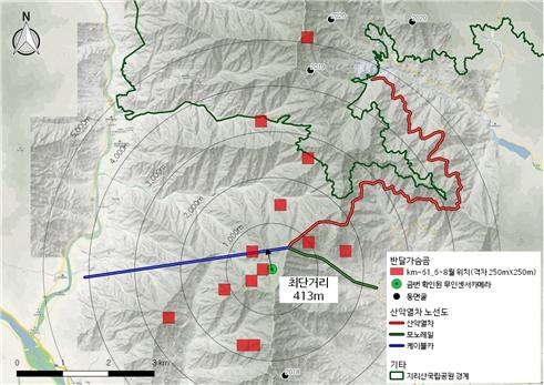 지리산 산악열차 예정노선과 KM-61 행동반경, 반달가슴곰을 찍은 카메라 위치 등.