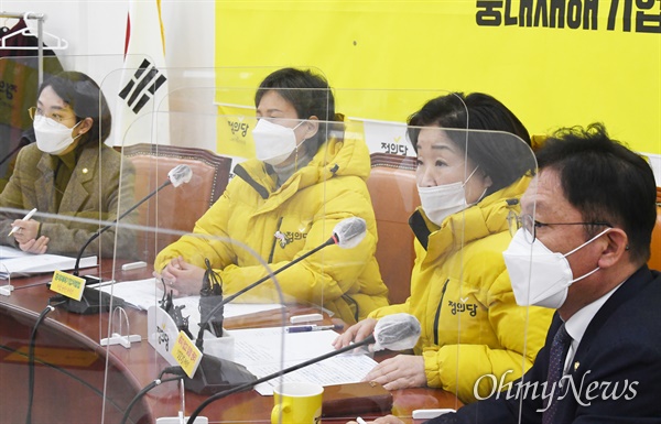 정의당 심상정 의원이 22일 서울 여의도 국회에서 열린 의원총회에서 발언하고 있다.