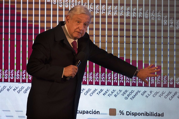 안드레스 마누엘 로페스 오브라도르 멕시코 대통령이 2020년 12월 18일(현지시간) 수도 멕시코시티의 대통령궁에서 주(州)별로 병원의 가용 병상 수를 기록한 그래프를 가리키며 신종 코로나바이러스 감염증(코로나19) 현황을 설명하고 있다.