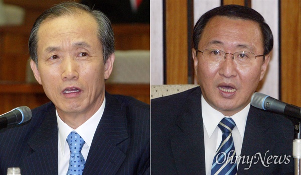 2005년 9월 이용훈 대법원장 후보자(왼쪽)에게 인사청문회에서 질의하는 노회찬 의원(오른쪽).