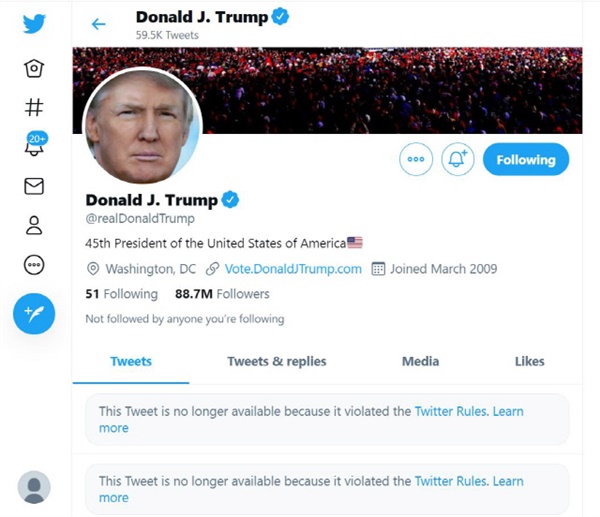 규정을 어겨 이용이 정지된 트럼프 미국 대통령의 트위터 
