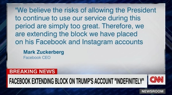 마크 저커버그 페이스북 최고경영자의 도널드 트럼프 대통령 계정 정지 연장 결정을 전하는 CNN 뉴스 갈무리.
