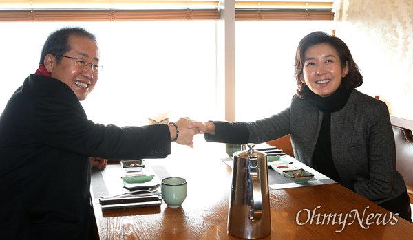 홍준표 의원과 나경원 전 의원이 12일 오후 서울 마포구의 한 식당에서 오찬 회동을 하고 있다.