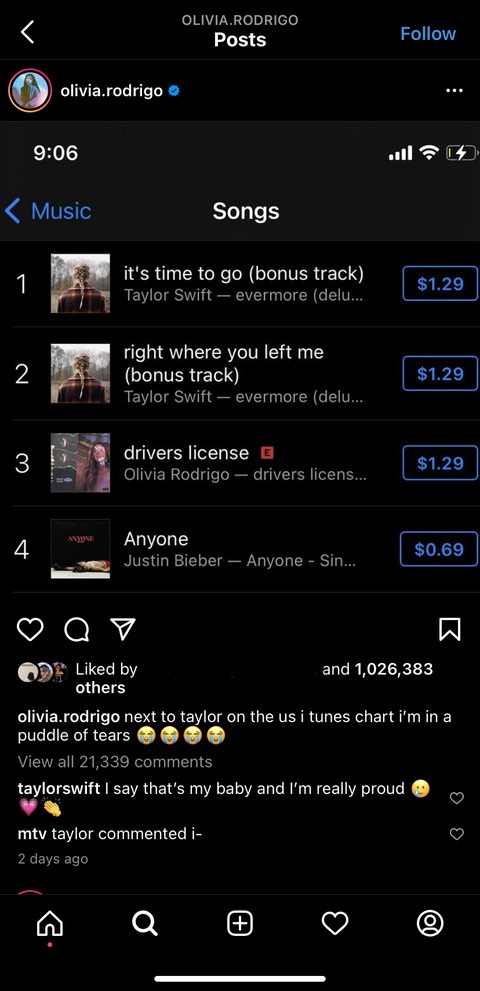  올리비아 로드리고는 1월 12일 인스타그램에 미국 아이튠즈 차트에 오른 본인의 노래를 홍보하는 게시물을 올렸다. 팝스타 테일러 스위프트가 '마이 베이비'라 댓글을 달며 후배의 성공을 응원했다.