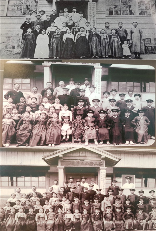 - 위에서부터 사립부산진육영학교 여자부 제1회 졸업식(1911), 부산진공립보통학교 제1회 졸업식(1912), 제2회 졸업식(1913) 사진이다. 1회에 최천택, 2회에 백용수?양성봉?김영주가 있지만 얼굴을 확인할 수가 없다