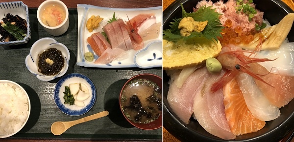          생선회나 초밥은 일본 사람들이 좋아하는 먹거리 가운데 대표적입니다. 생선회 정식과 생선회 덮밥입니다. 연어, 겨울방어, 광어, 문어 등입니다.