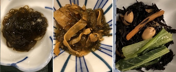          일본에서는 야채 장아찌나 해초 장아찌나 절임 먹거리가 많습니다. 오키나에서 나온 큰실말과 홋카이도에서 나는 마츠마에즈케 장아찌, 톳(녹미채) 절임입니다. 