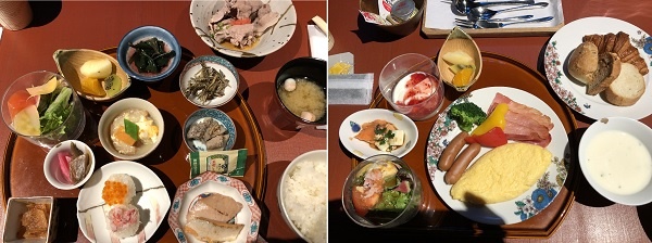          잠자는 곳(미츠이가덴호텔가나자와)에서 먹은 일본식과 서양식 아침 먹거리입니다.
