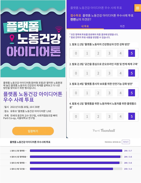  유튜브로 발표를 듣는 시민들이 빠띠 타운홀(townhall.kr)로 투표하면 실시간으로 점수가 집계되고, 시민들이 투표한 결과과 현황판에서 투명하게 공개되었다.