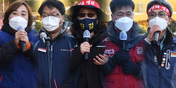  김경은 민주노총 부산본부 사무처장, 김재남 민주노총 부산본부장, 손영희 국민건강보험고객센터지부 부산지회장, 전규홍 민주일반연맹 사무국장, 리화수 공공운수노조 부산본부 비상대책위원장